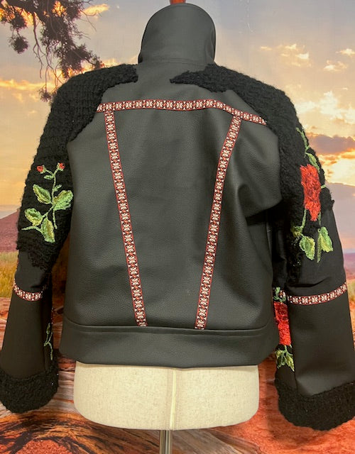 Black Vegan Leather & Roses Bomber Jacket