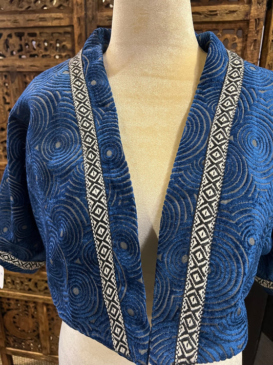 Retro Blue Crop Jacket with Trim
