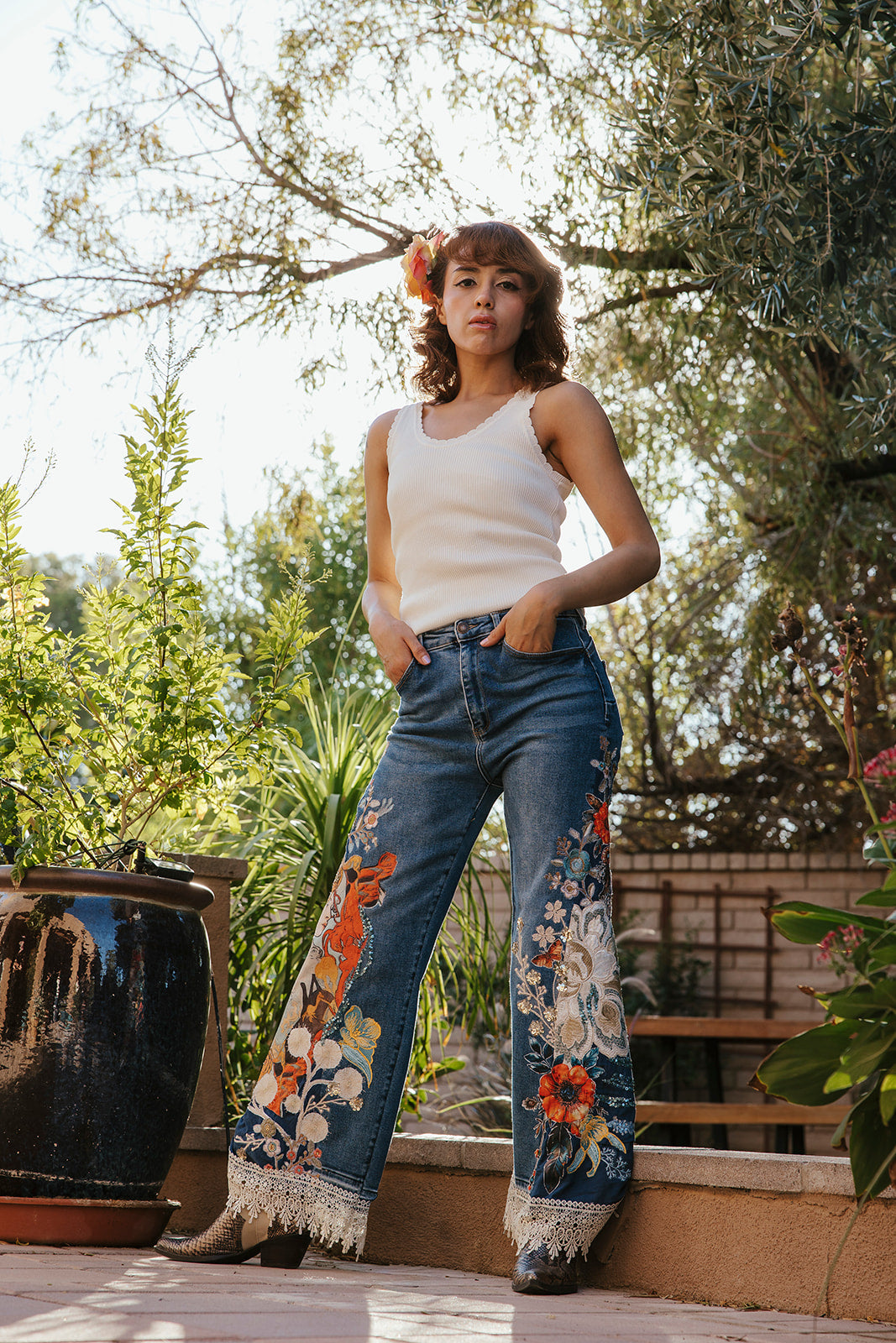 Redhead Goddess Ruched-Hem Jeans