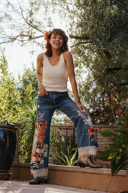 Redhead Goddess Ruched-Hem Jeans