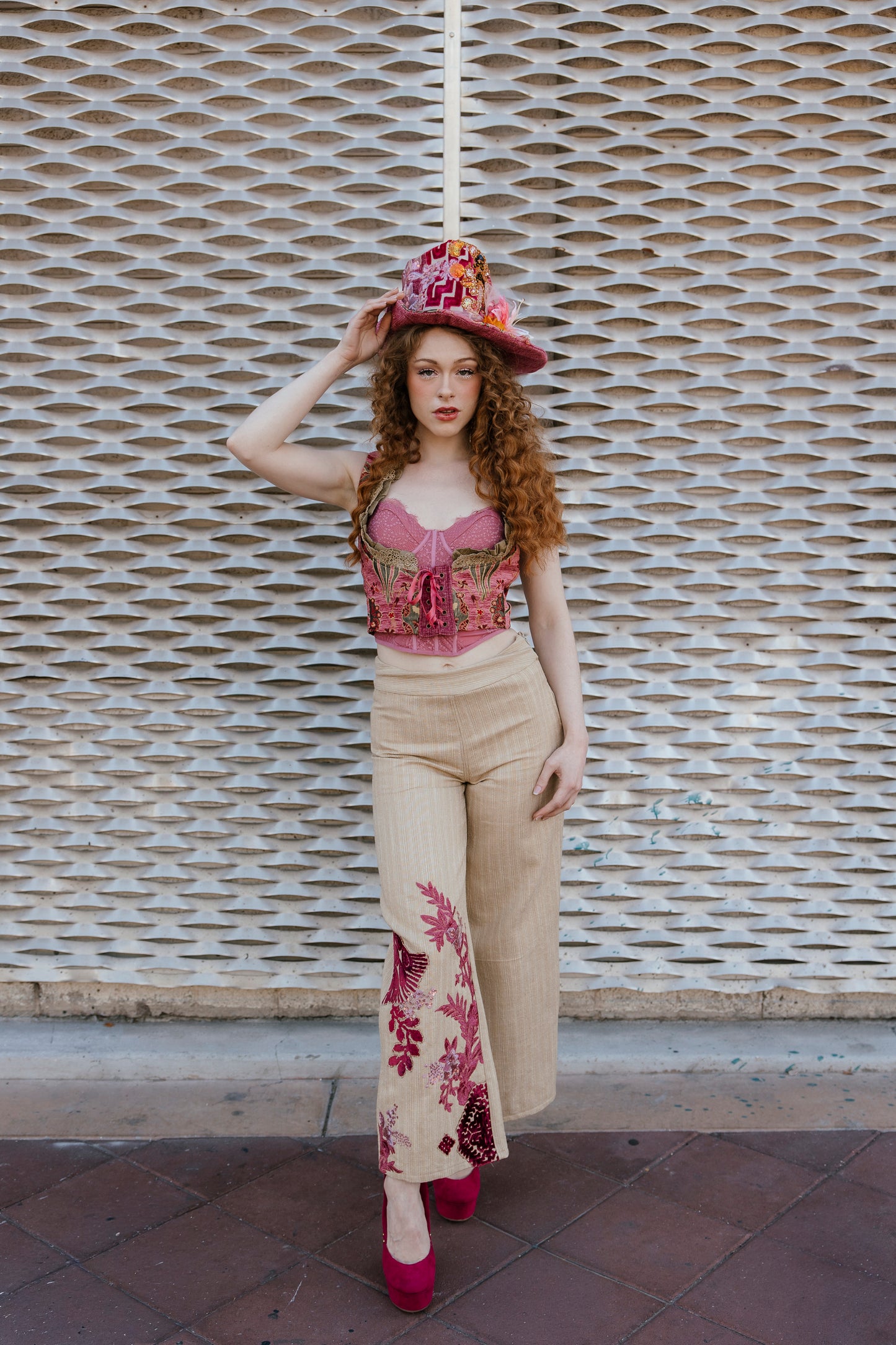 Velvet Accent Embroidered Pants