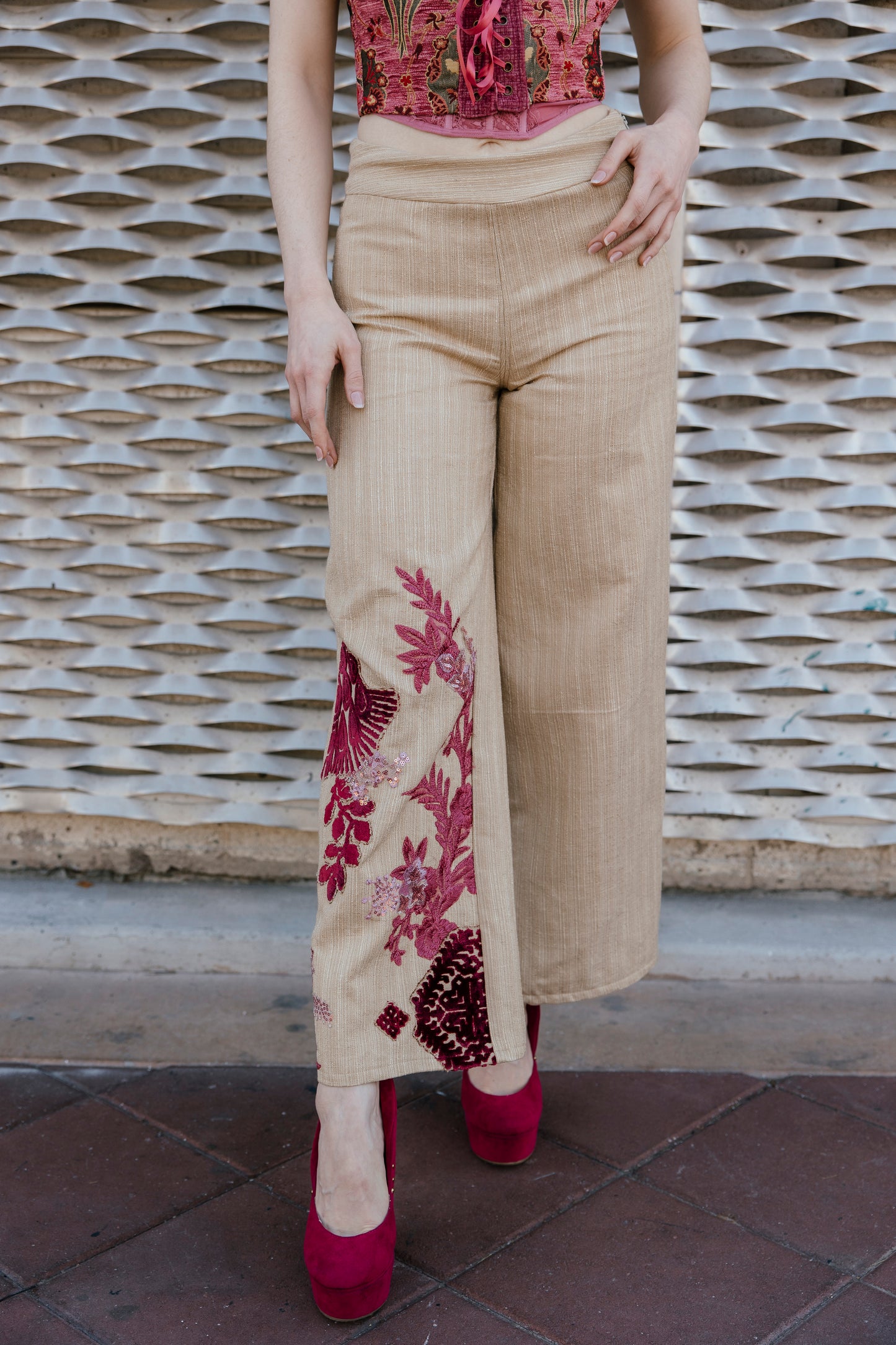 Velvet Accent Embroidered Pants
