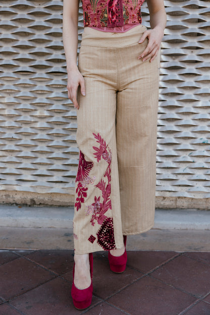 Velvet Accent Embroidered Pants