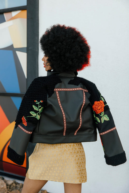 Black Vegan Leather & Roses Bomber Jacket