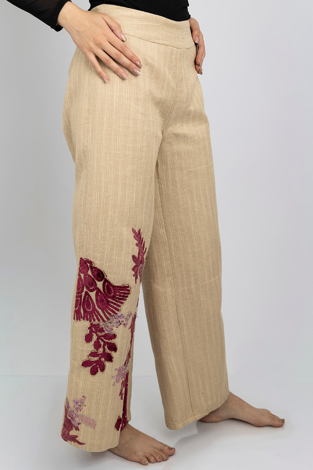 Velvet Accent Embroidered Pants