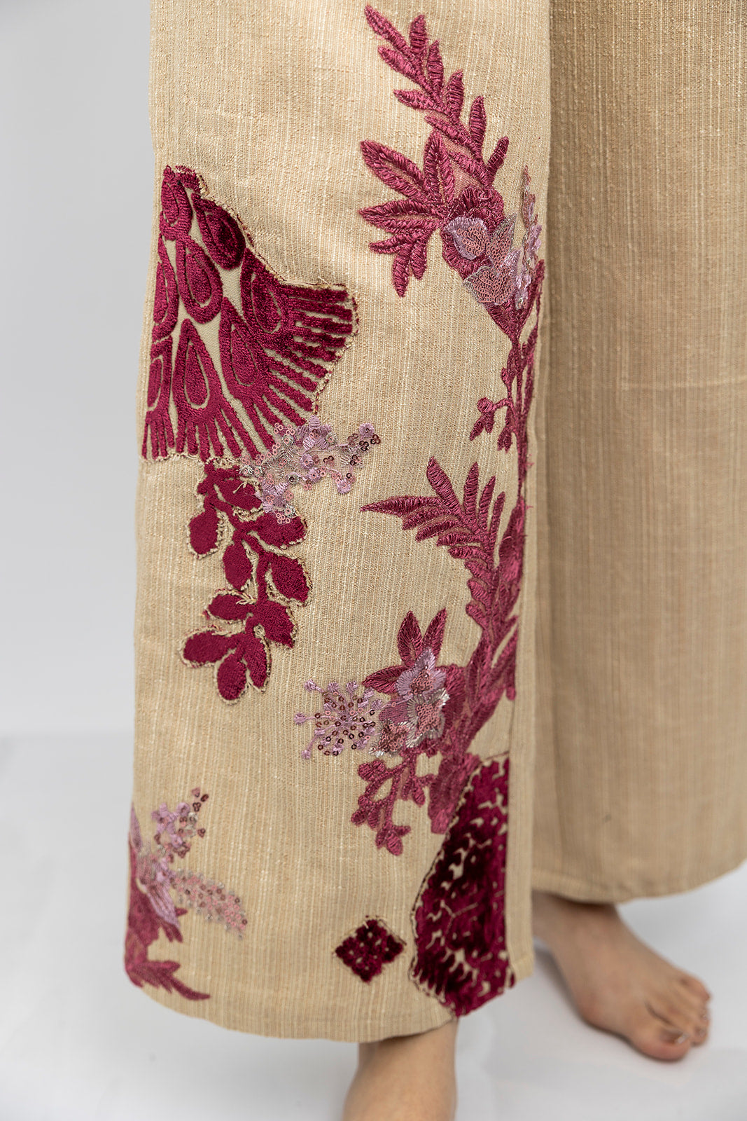 Velvet Accent Embroidered Pants