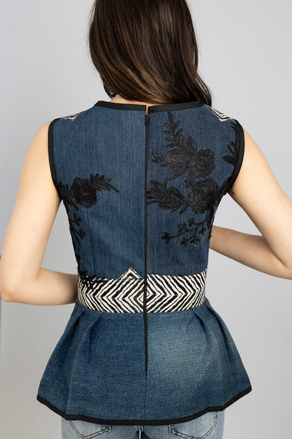 Denim Embroidered Peplum Top