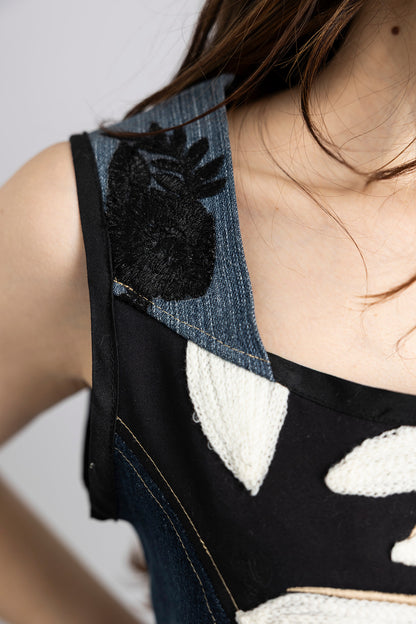 Denim Embroidered Peplum Top