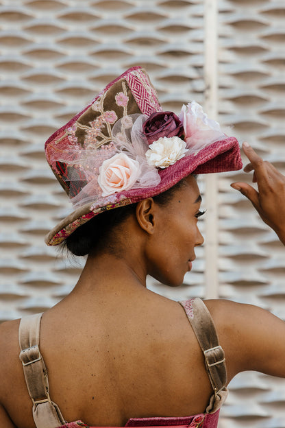 Madhatter Series - Asymmetrical Fiona Tophat in mauve and light chestnut brown