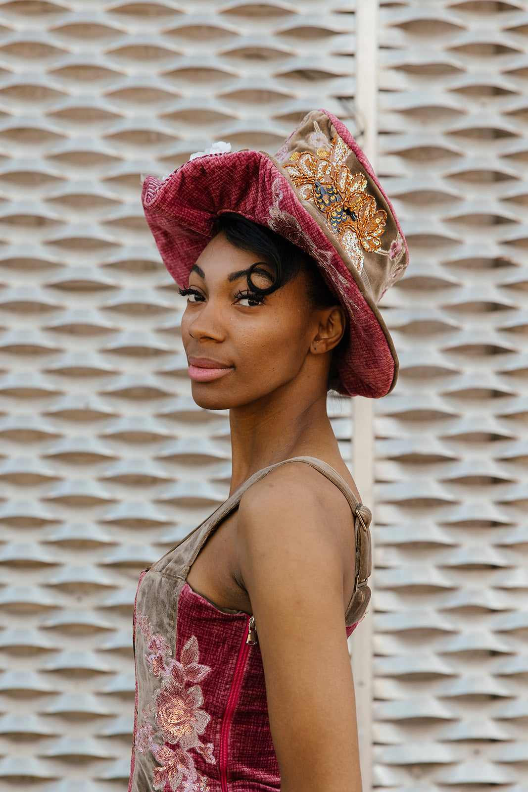 Madhatter Series - Asymmetrical Fiona Tophat in mauve and light chestnut brown