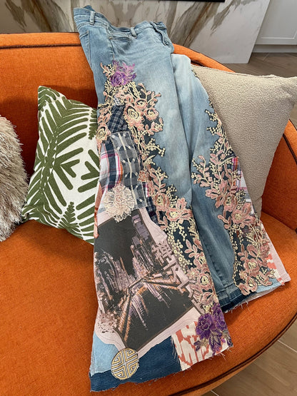 Pink Lace Pop Art Flare Jeans