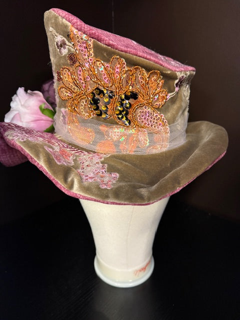 Madhatter Series - Asymmetrical Fiona Tophat in mauve and light chestnut brown