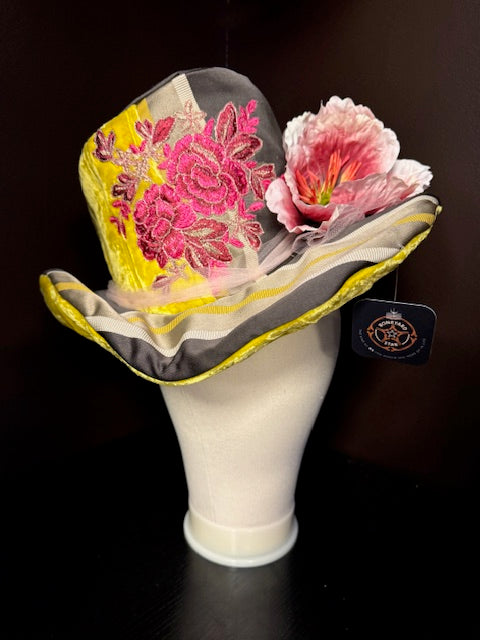 Madhatter Series - Asymmetrical Fiona Tophat in Grey, Chartreuse & Fuchsia
