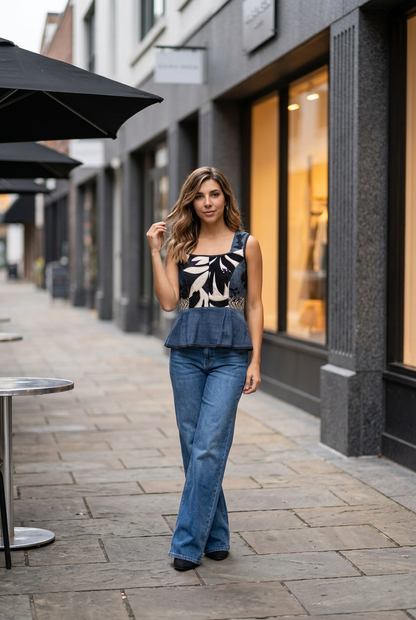 Denim Embroidered Peplum Top